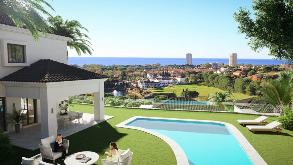 Zwembad en zeezicht vanaf Nieuwbouw Project in Elviria in Spanje, gelegen aan de Costa del Sol-Centro