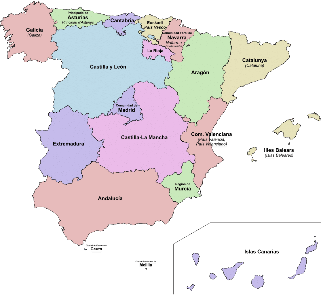 Kaart van Spanje met de verschillende Spaanse Regio