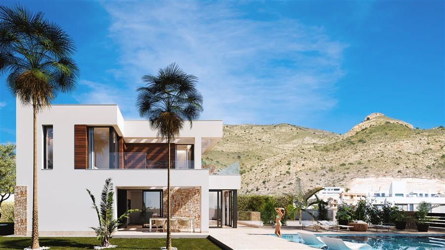 Vooraanzicht Nieuwbouw Villa Te koop in Finestrat in Spanje, gelegen aan de Costa Blanca-Noord