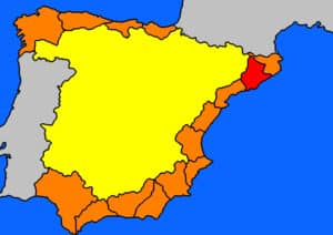 Kaart van Spanje met in het rood gekleurd de Costa Maresme, Barcelona y Garraf