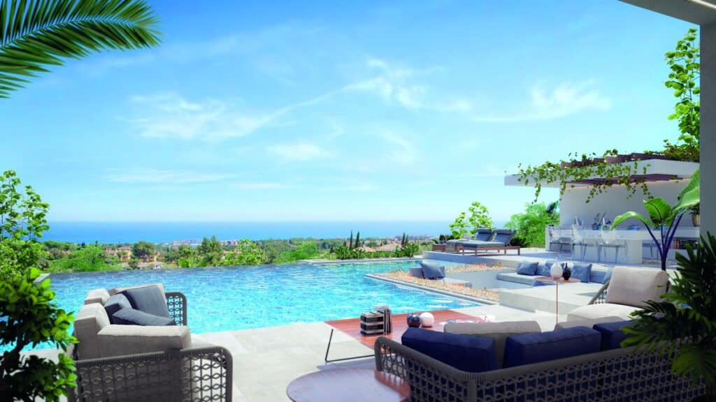 Verzicht vanaf terras met zwembad van Nieuwbouw Villa Te koop in New Golden Mile in Spanje, gelegen aan de Costa del Sol-West