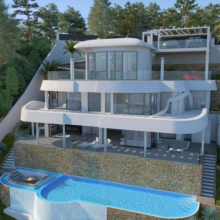 Zwembad met vooraanzicht Nieuwbouw Villa Te koop in Altea Hills in Spanje, gelegen aan de Costa Blanca-Noord