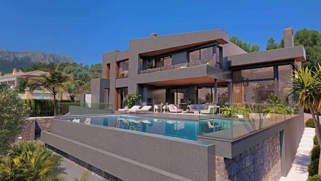 Zwembad en vooraanzicht Nieuwbouw Villa Te koop in Calpe in Spanje, gelegen aan de Costa Blanca-Noord