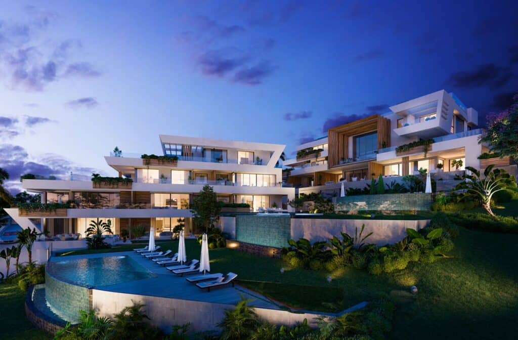 Avondfoto van residentie van Appartement Te koop in Marbella in Spanje, gelegen aan de Costa del Sol-West