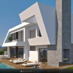 Zwembed, terras en vooraanzicht van Nieuwbouw Villa Te koop in Benitachell in Spanje, gelegen aan de Costa Blanca-Noord