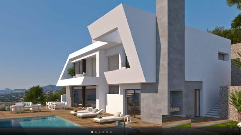 Zwembed, terras en vooraanzicht van Nieuwbouw Villa Te koop in Benitachell in Spanje, gelegen aan de Costa Blanca-Noord