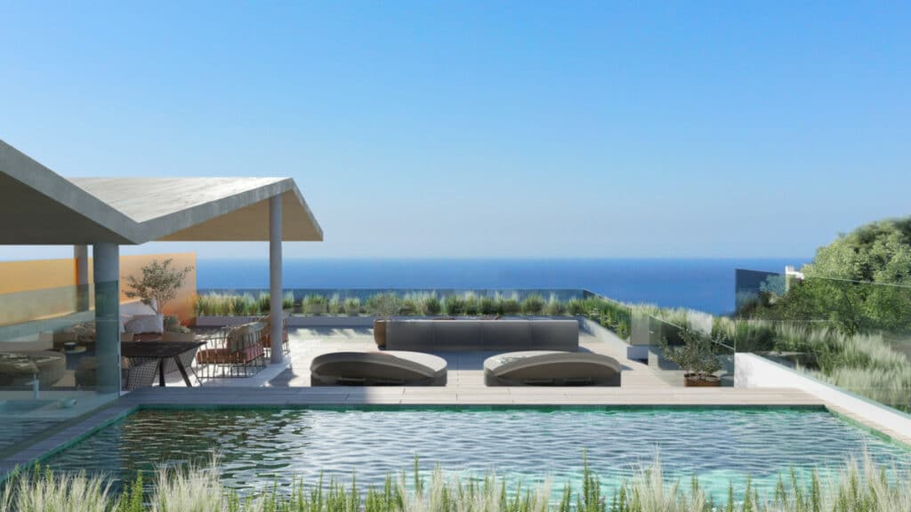 Zwembad en terras met zeezicht van Nieuwbouw Appartement Te koop in Fuengirola in Spanje, gelegen aan de Costa del Sol-Centro