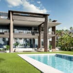 Zwembad en vooraanzicht Nieuwbouw Villa Te koop in Nueva Andalucia in Spanje, gelegen aan de Costa del Sol-West