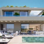 Terras, zwembad en vooraanzicht van luxe Nieuwbouw Villa Te koop in Benahavis in Spanje, gelegen aan de Costa del Sol-West