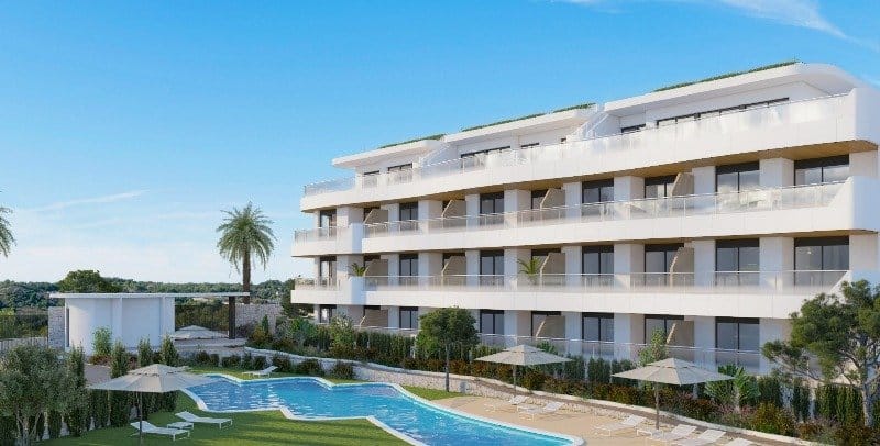 Zwembad met gebouw met Nieuwbouw Appartementen Te koop in Orihuela-Costa in Spanje, gelegen aan de Costa Blanca-Zuid