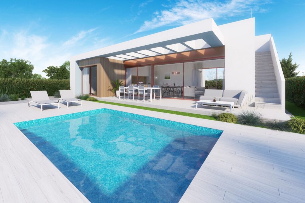 Zwembad en vooraanzicht Nieuwbouw Villa Te koop in Orihuela in Spanje, gelegen aan de Costa Blanca-Zuid