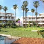 Terras en gemeenschappelijk zwembad van nieuwbouw appartementen in Estepona in Spanje, gelegen aan de  Costa del Sol-West