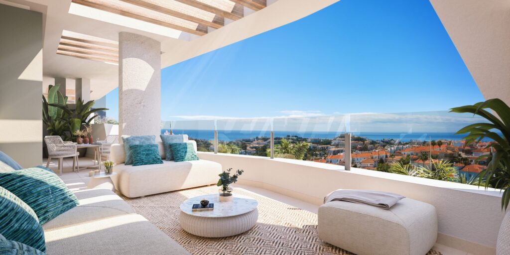 Zeezicht, terras van nieuwbouw appartement in La Cala De Mijas in Spanje, gelegen aan de  Costa del Sol-Centro
