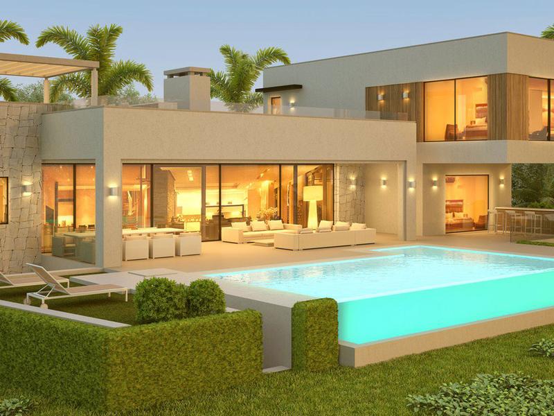 Terras, zwembad en vooraanzicht van luxe Nieuwbouw Villa Te koop in Benahavis in Spanje, gelegen aan de Costa del Sol-West