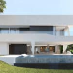 Vooraanzicht van nieuwbouw villa in Estepona in Spanje, gelegen aan de  Costa del Sol-West