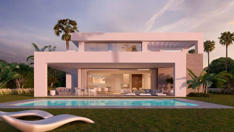Zwembad en vooraanzicht Nieuwbouw Villa Te koop in Mijas Costa in Spanje, gelegen aan de Costa del Sol-Centro