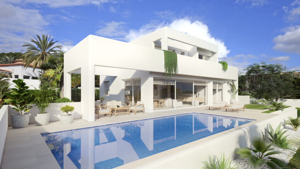 Zwembad en vooraanzicht van nieuwbouw villa in Benissa in Spanje, gelegen aan de  Costa Blanca-Noord