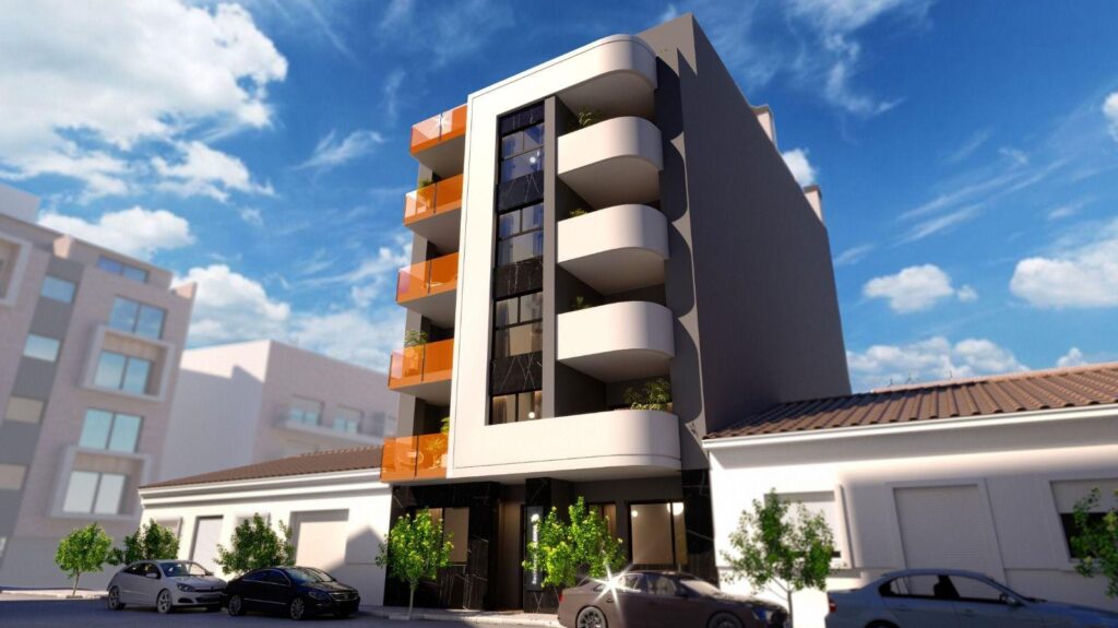 Vooraanzicht van nieuwbouw appartementen in Torrevieja in Spanje, gelegen aan de  Costa Blanca-Zuid