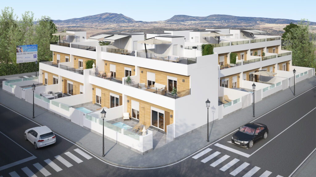Vooraanzicht van nieuwbouw huizen in Avileses in Spanje, gelegen aan de  Costa Cálida