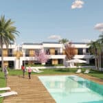 Tuin, gemeenschappelijk zwembad en vooraanzicht van nieuwbouw appartementen in Alhama de Murcia in Spanje, gelegen aan de  Costa Cálida