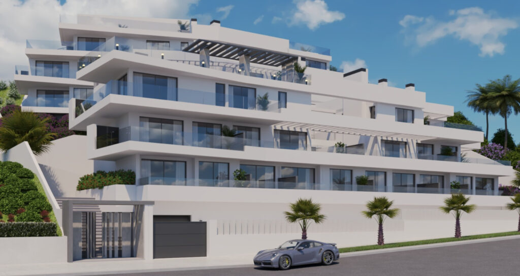 Vooraanzicht van nieuwbouw appartementen in Nerja in Spanje, gelegen aan de  Costa del Sol-Oost