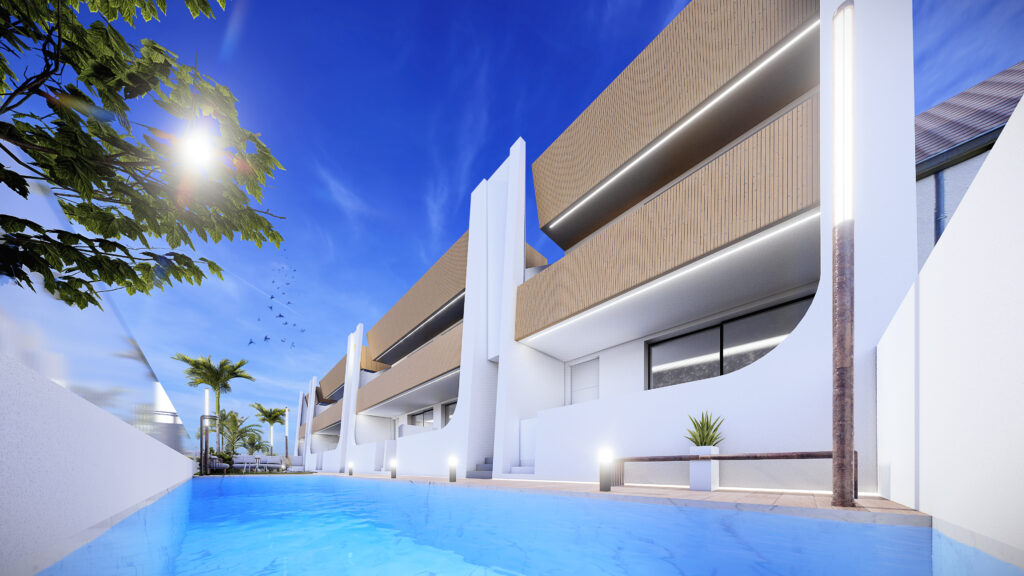 Gemeenschappelijk zwembad en vooraanzicht van nieuwbouw appartementen in San Pedro Del Pinatar in Spanje, gelegen aan de  Costa Cálida