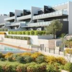 Gemeenschappelijk zwembad en vooraanzicht van nieuwbouw appartementen in Finestrat in Spanje, gelegen aan de  Costa Blanca-Noord