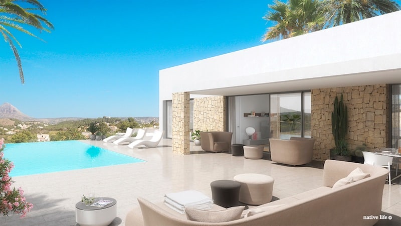 Zeezicht, terras en zwembad van nieuwbouw villa in Javea in Spanje, gelegen aan de  Costa Blanca-Noord
