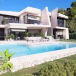 Vooraanzicht van nieuwbouw villa in Benahavis in Spanje, gelegen aan de Costa del Sol-West