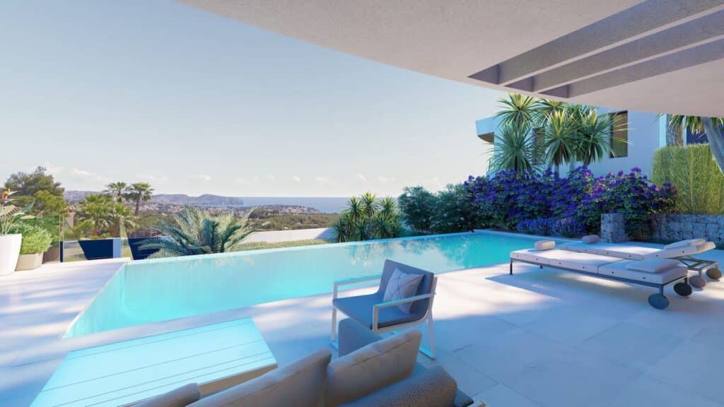 Terras met zwembad en panoramisch verzicht vanaf luxe villa te koop in Altea la Vella, Spanje